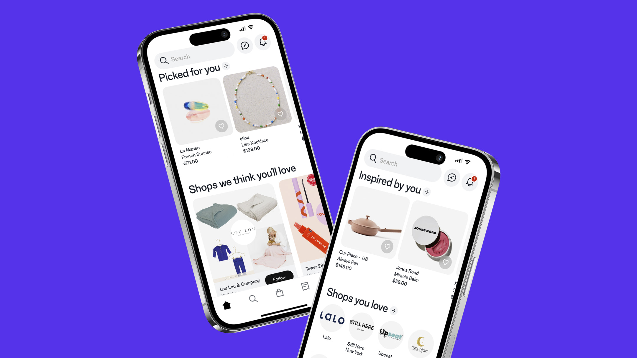 Two UI mock-ups of the Shop app featuring the home screen