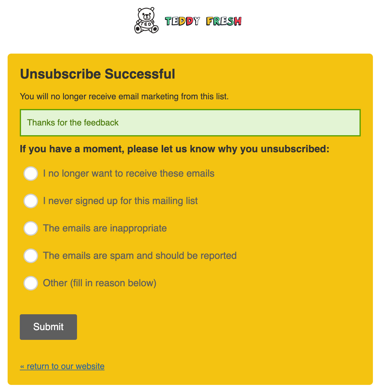 Teddy Fresh Unsubscribe Screen