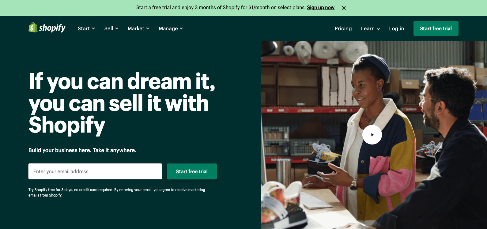 Screenshot of the Shopify homepage