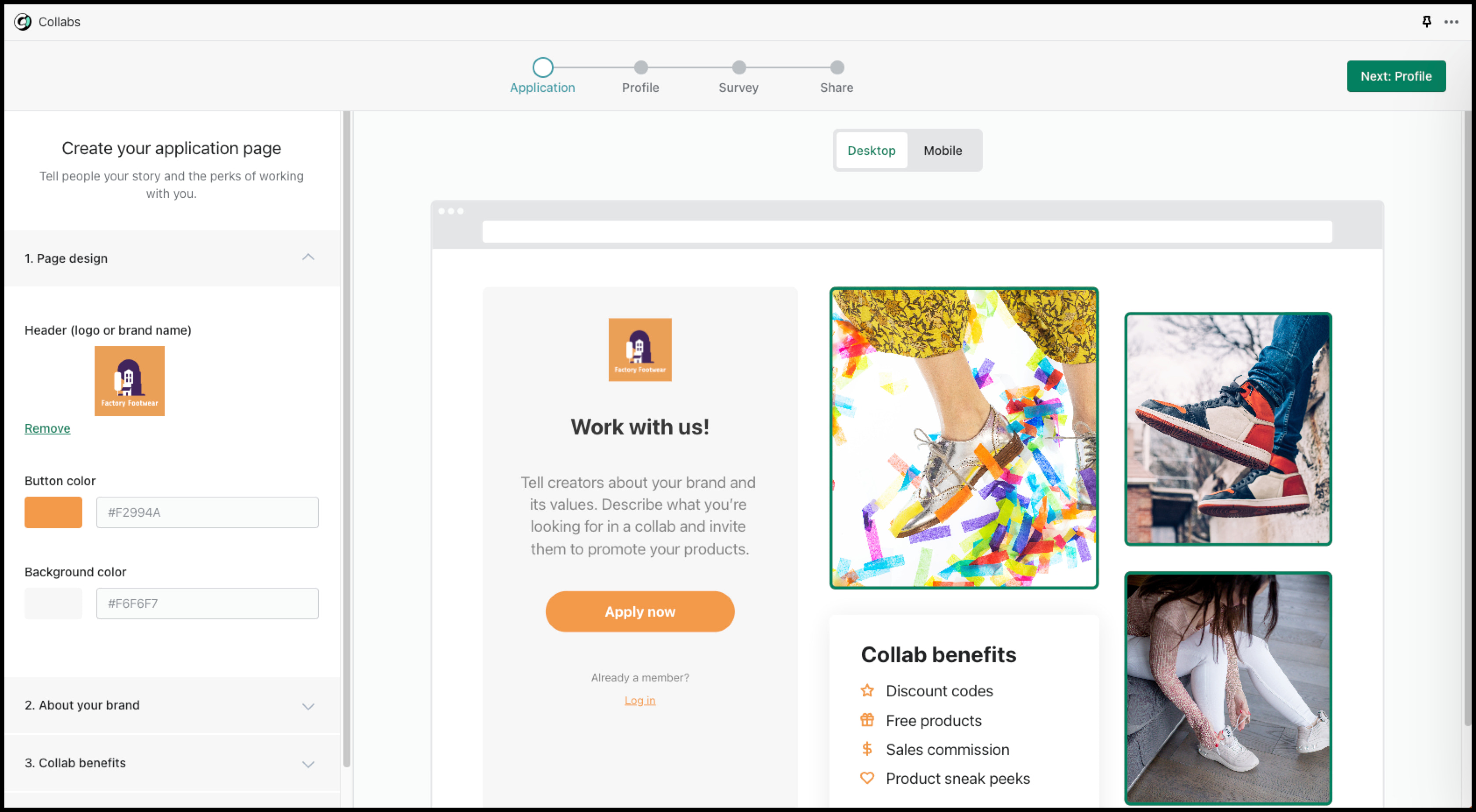 展示如何设计应用程序页面的Shopify Collabs界面截图。