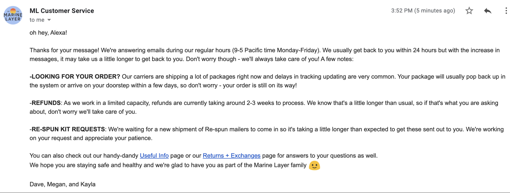 来自Marine Layer的支持邮件截图