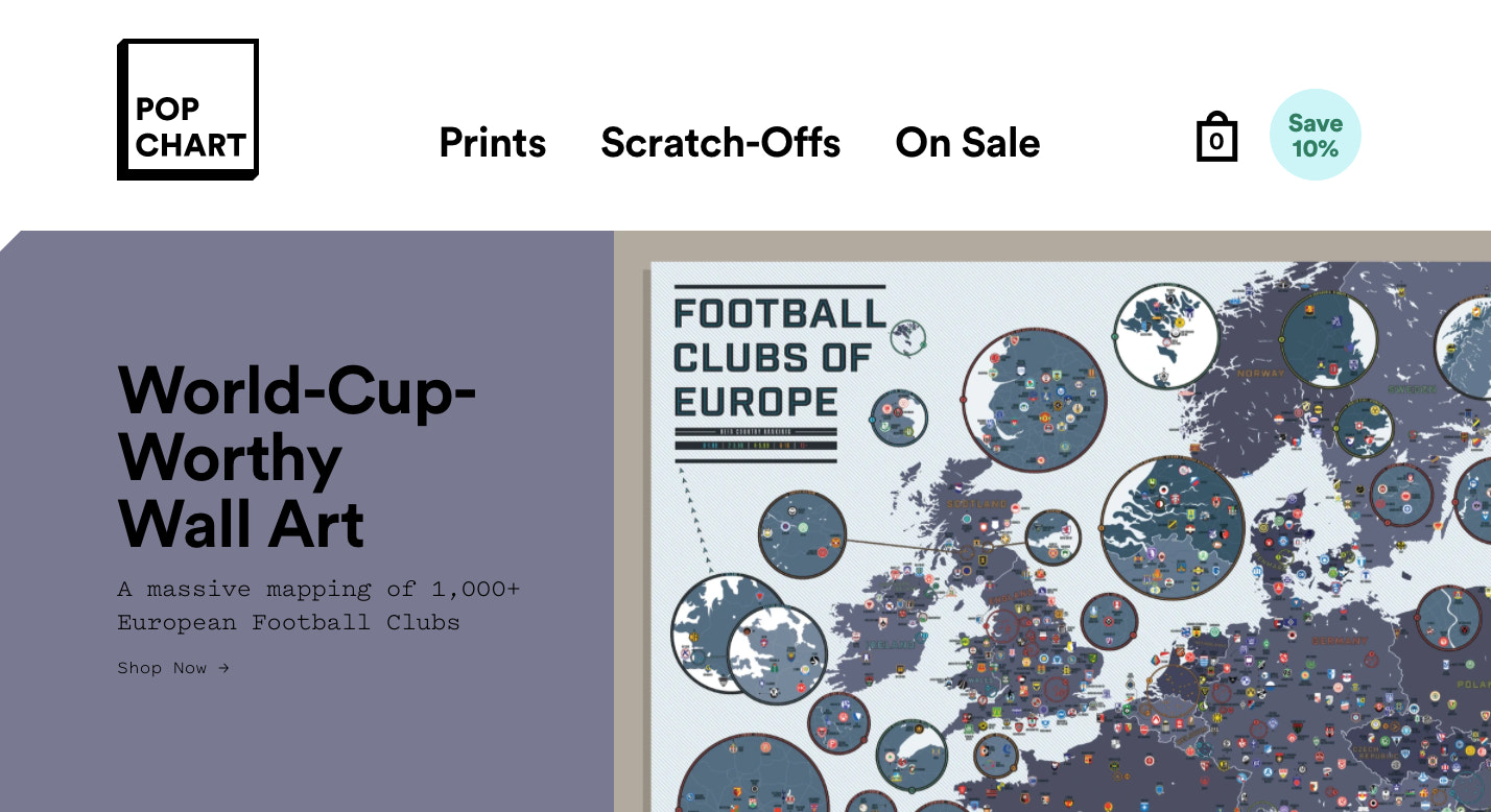 Pop Chart的网站用足够的干净空间来平衡色彩,以展示其刮刮式艺术品。