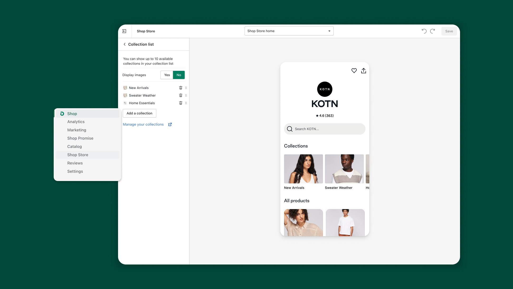UI mock-up of the Shop Store editor in the channel featuring custom collections