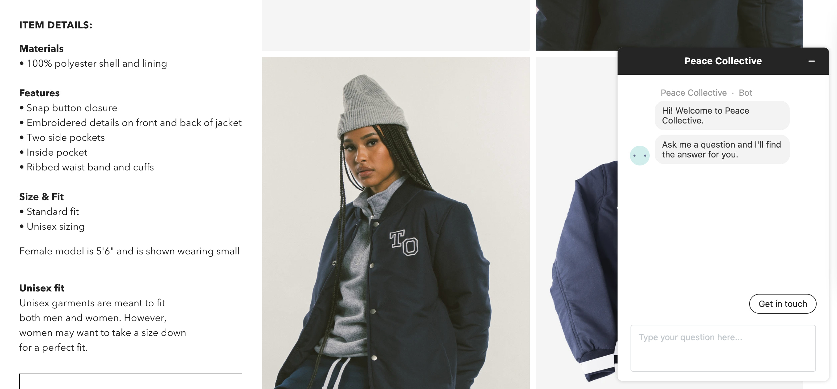 Peace Collective出售的多伦多主题飞行员夹克上列出的尺寸细节