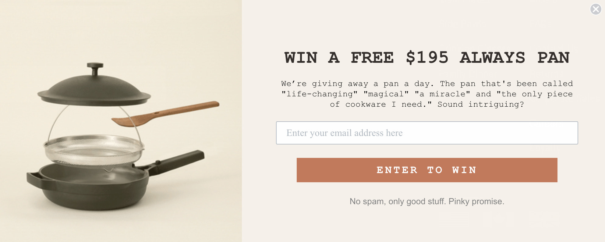 Pop-up example of Always Pan Promotion