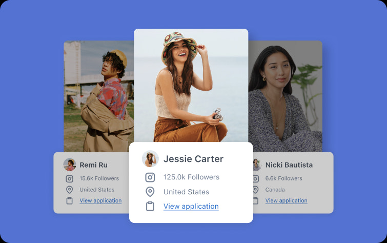 Three different creator profiles against a purple background.