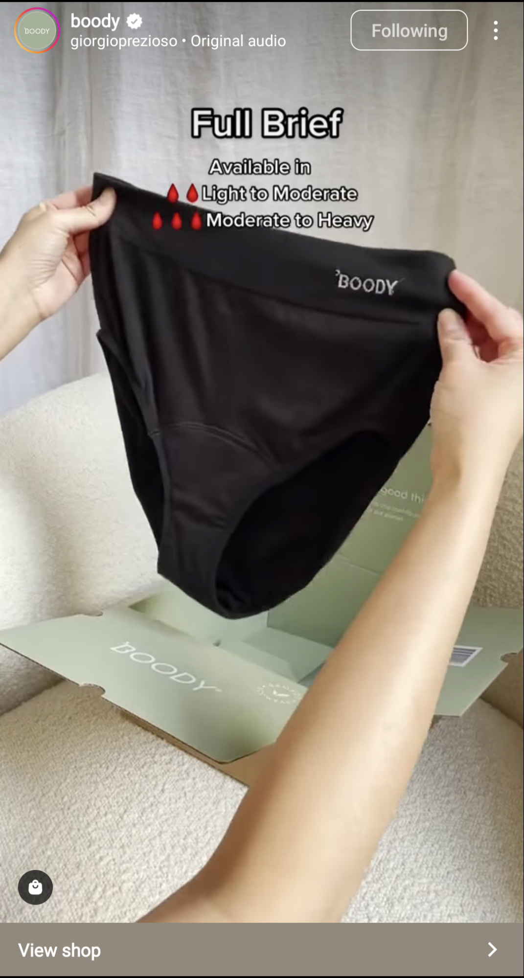 Boody在Instagram上发布产品视频的截图