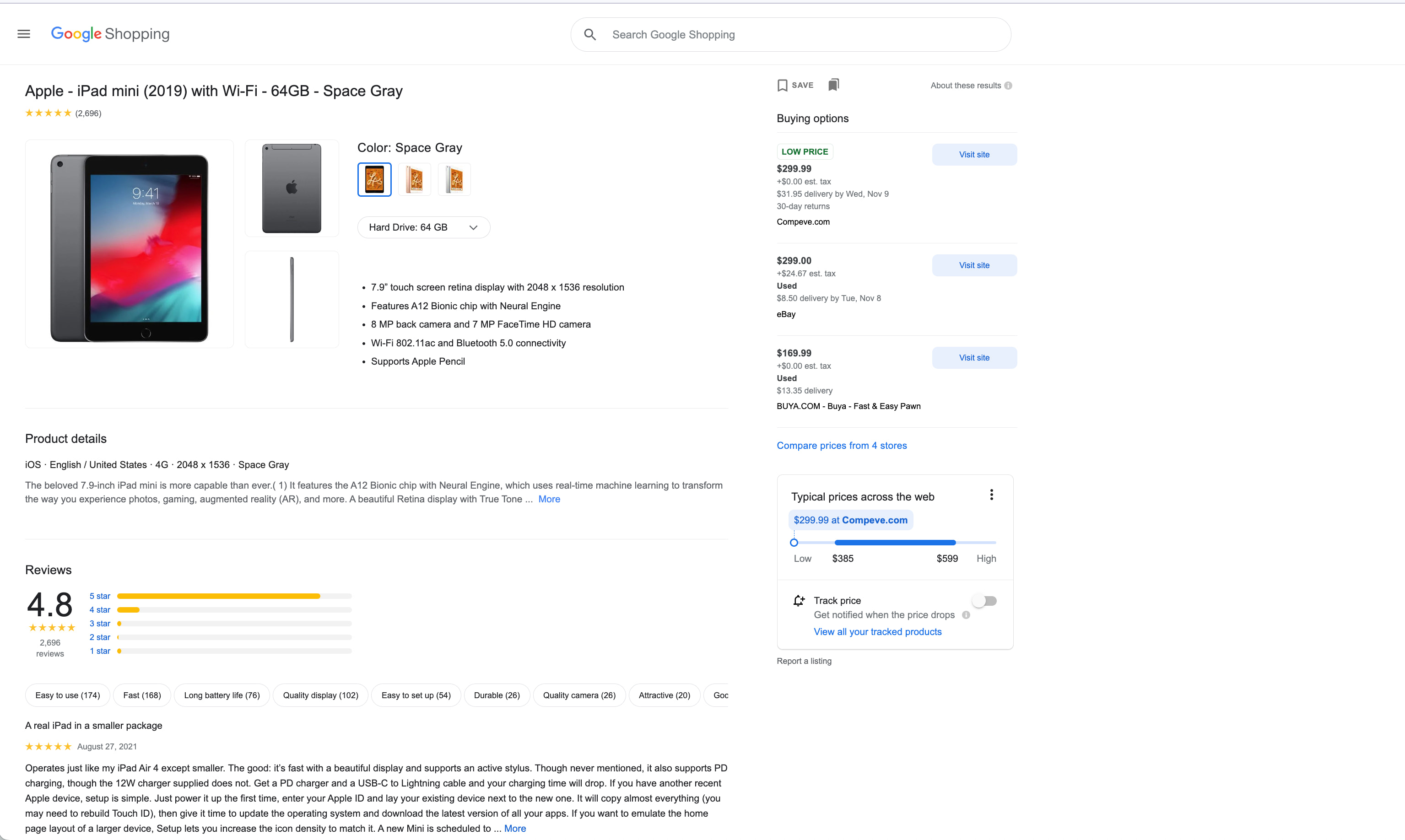 谷歌购物产品页面对iPad的研究结果