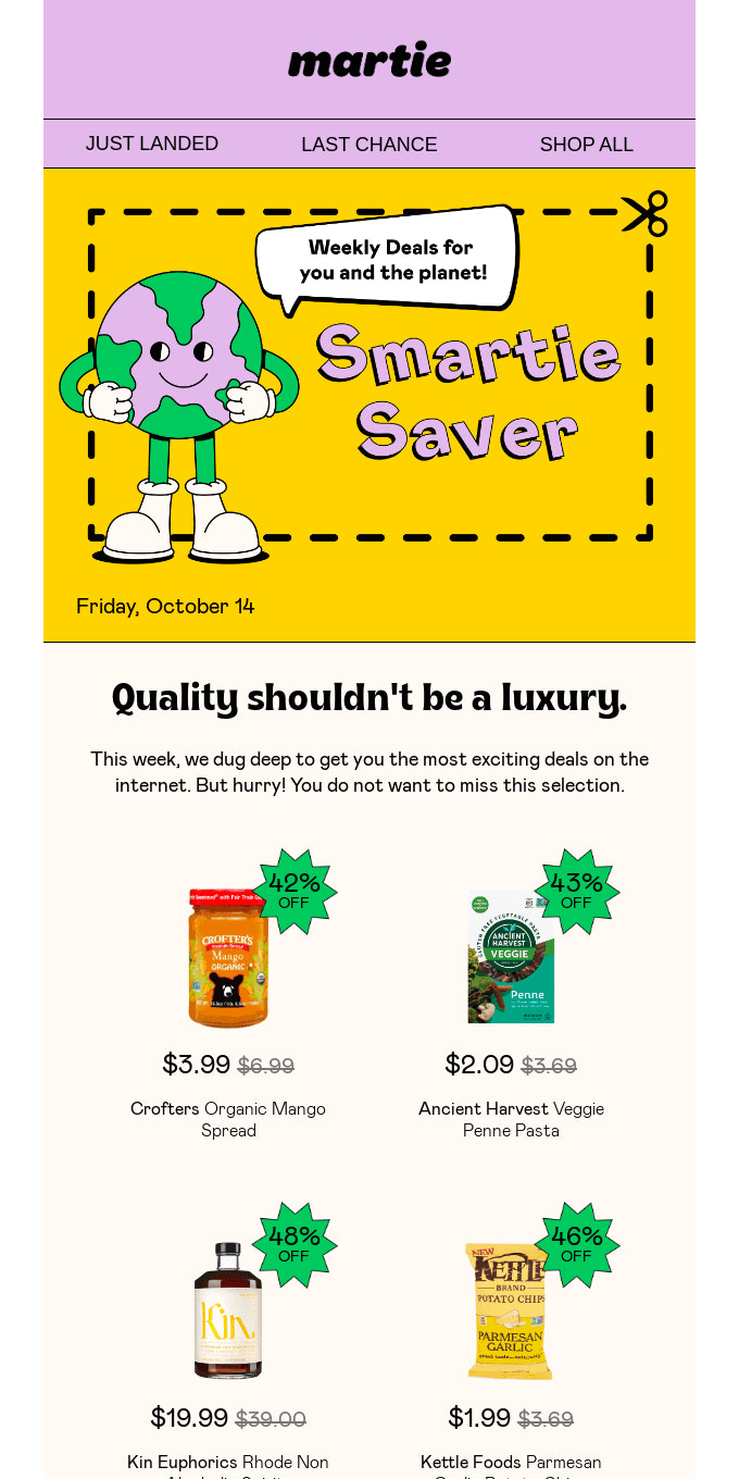 电子邮件带有一个全球卡通人物,显示本周最优惠的交易,包括芒果酱和蔬菜通心粉。