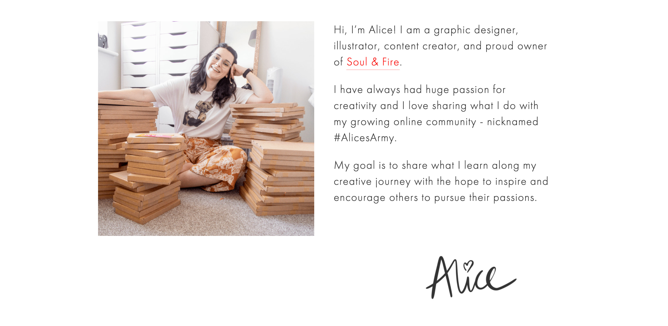 Screengrab of Alice Thorpe's website bio