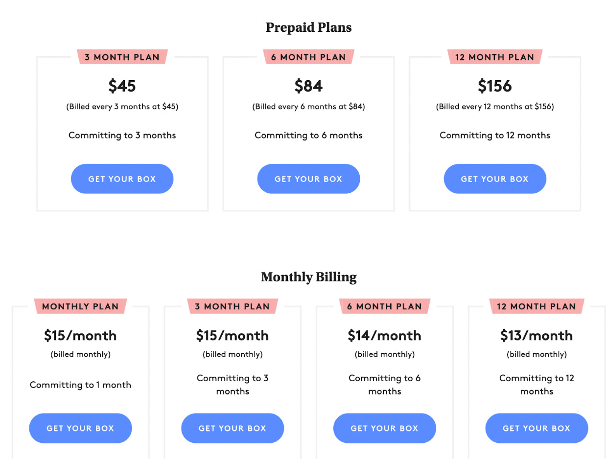 Birchbox subscription prices from website