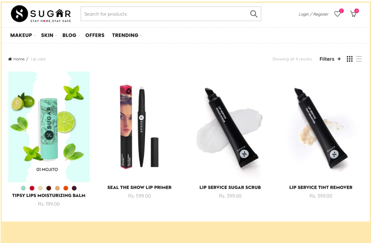 Sugar Cosmetics product page with highlighted lip balms