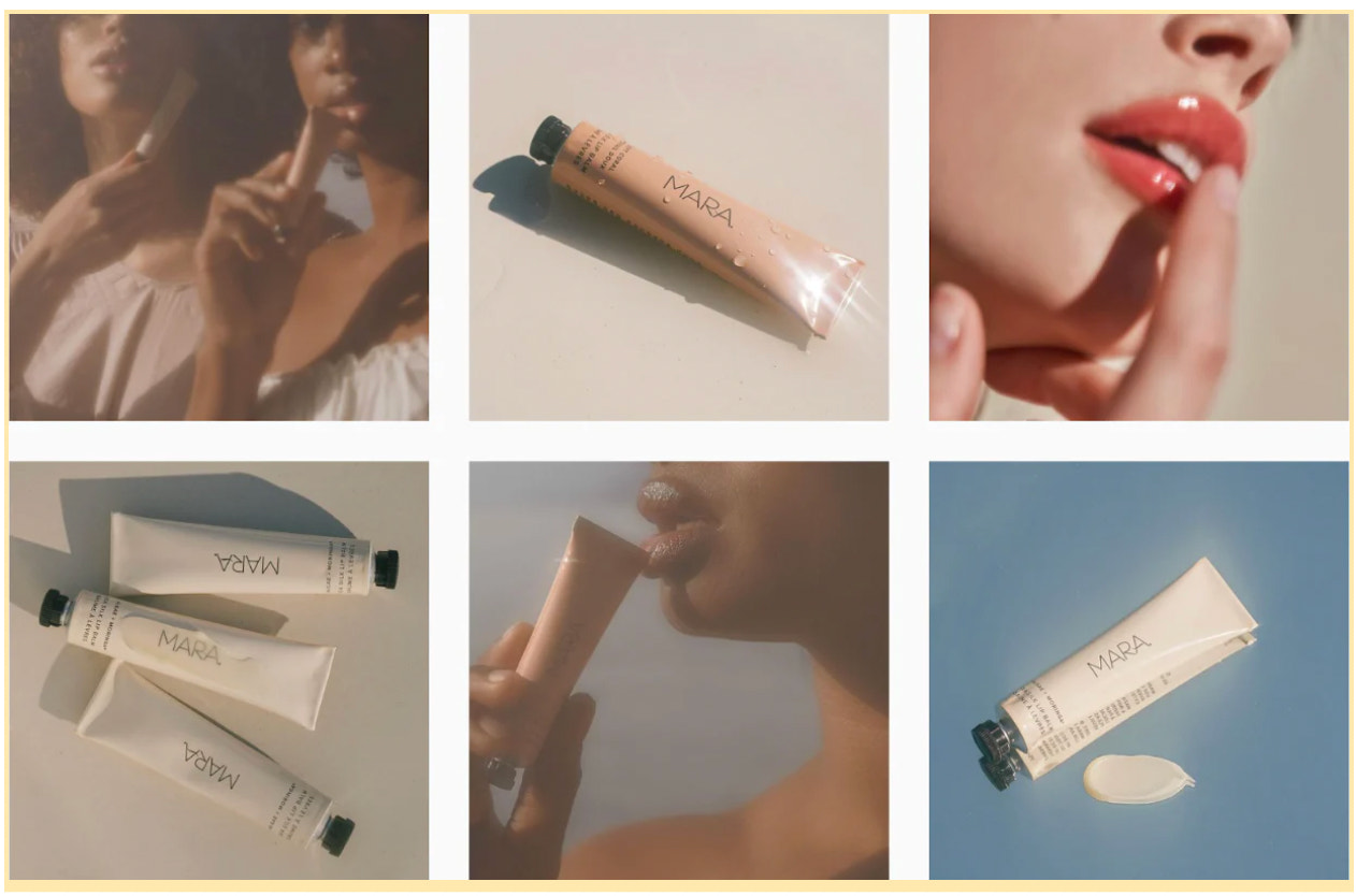 Branded images from Mara lip balm with people touching their lips and lip balm containers