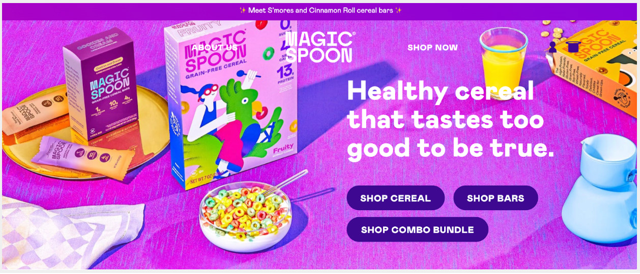 Magic Spoon’s ecommerce website with a purple color tone and custom illustrations.