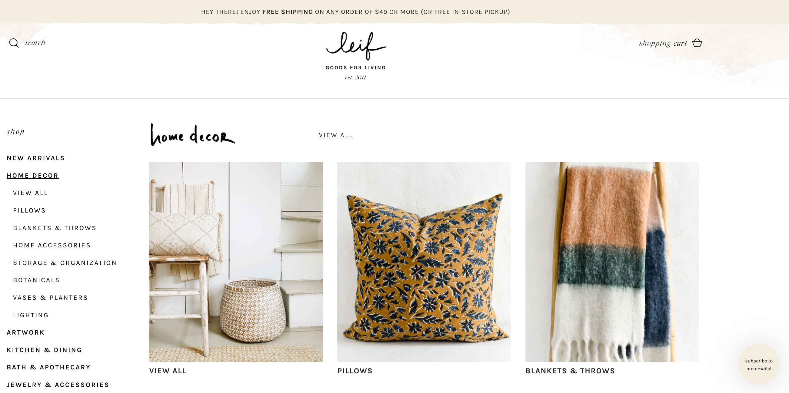 LEIF’s category page showing big featured images for products and the navigation to the left.