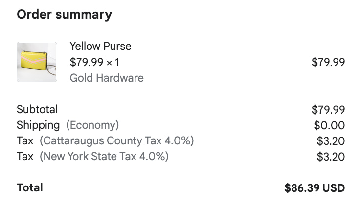 Store checkout showing an itemized list of region-specific tax rates