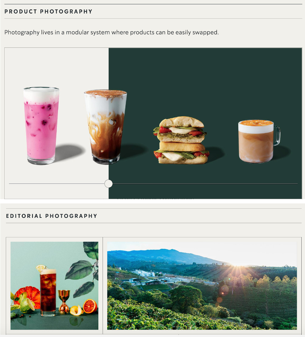 Starbucks photography guidelines with example images such as a still life with a cold beverage and a coffee farm on a hillside
