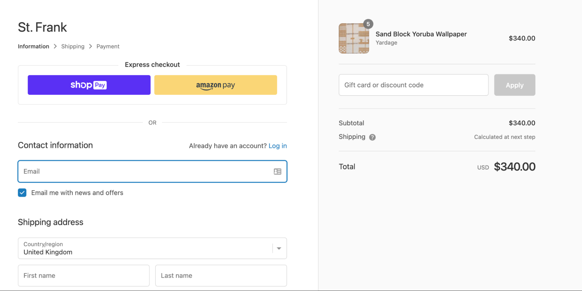 St. Frank的结账页面显示了亮紫色的Shop Pay和黄色的Amazon Pay按钮,背景为灰色和白色。