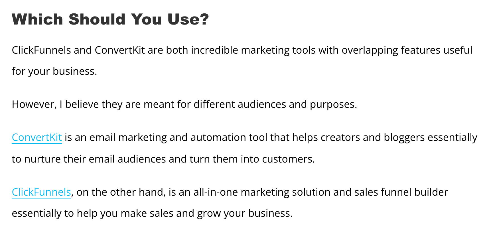 Example of a comparison page to drive affiliate revenue by comparing two products