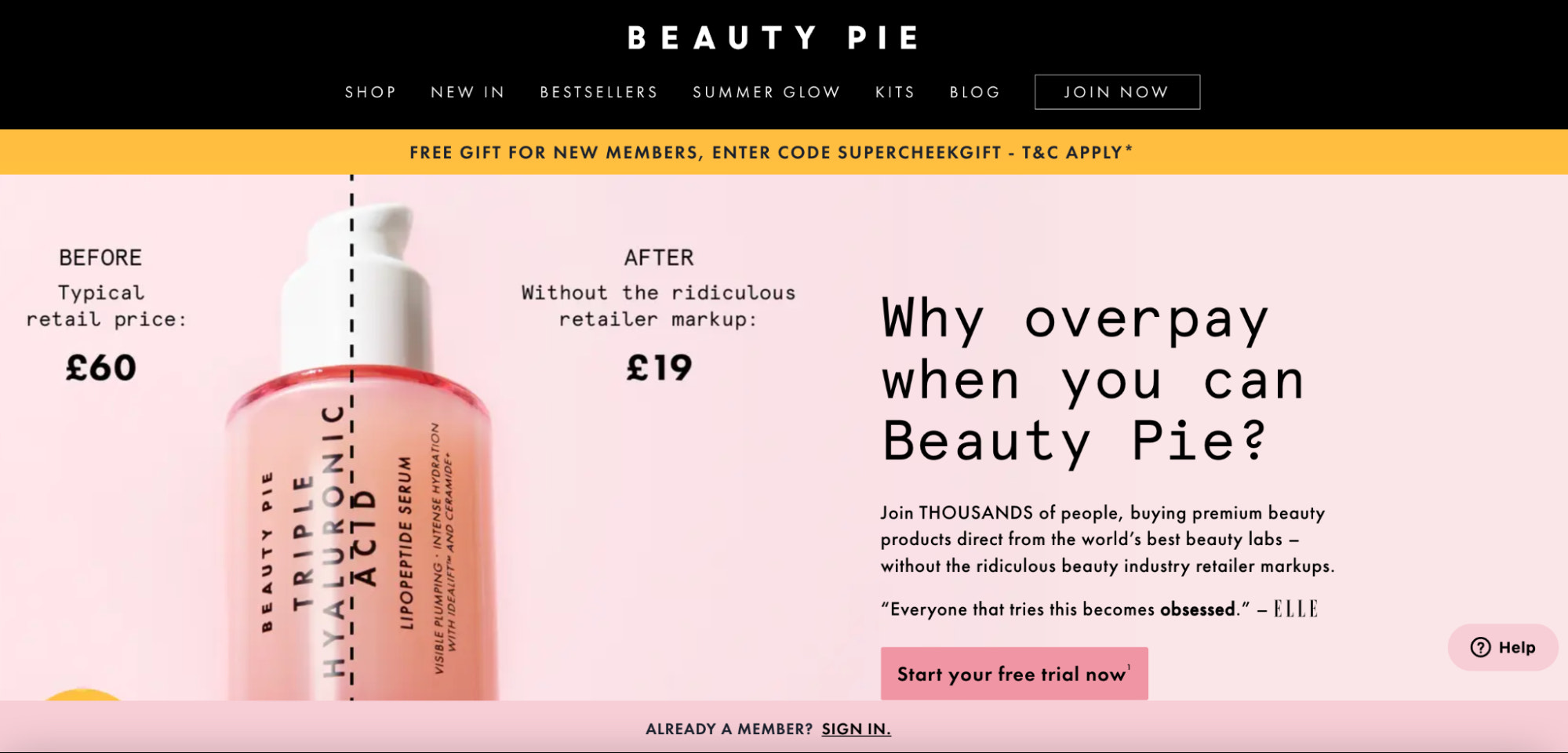 美容派的主页以泡泡糖粉为背景,展示了产品零售前后的价差