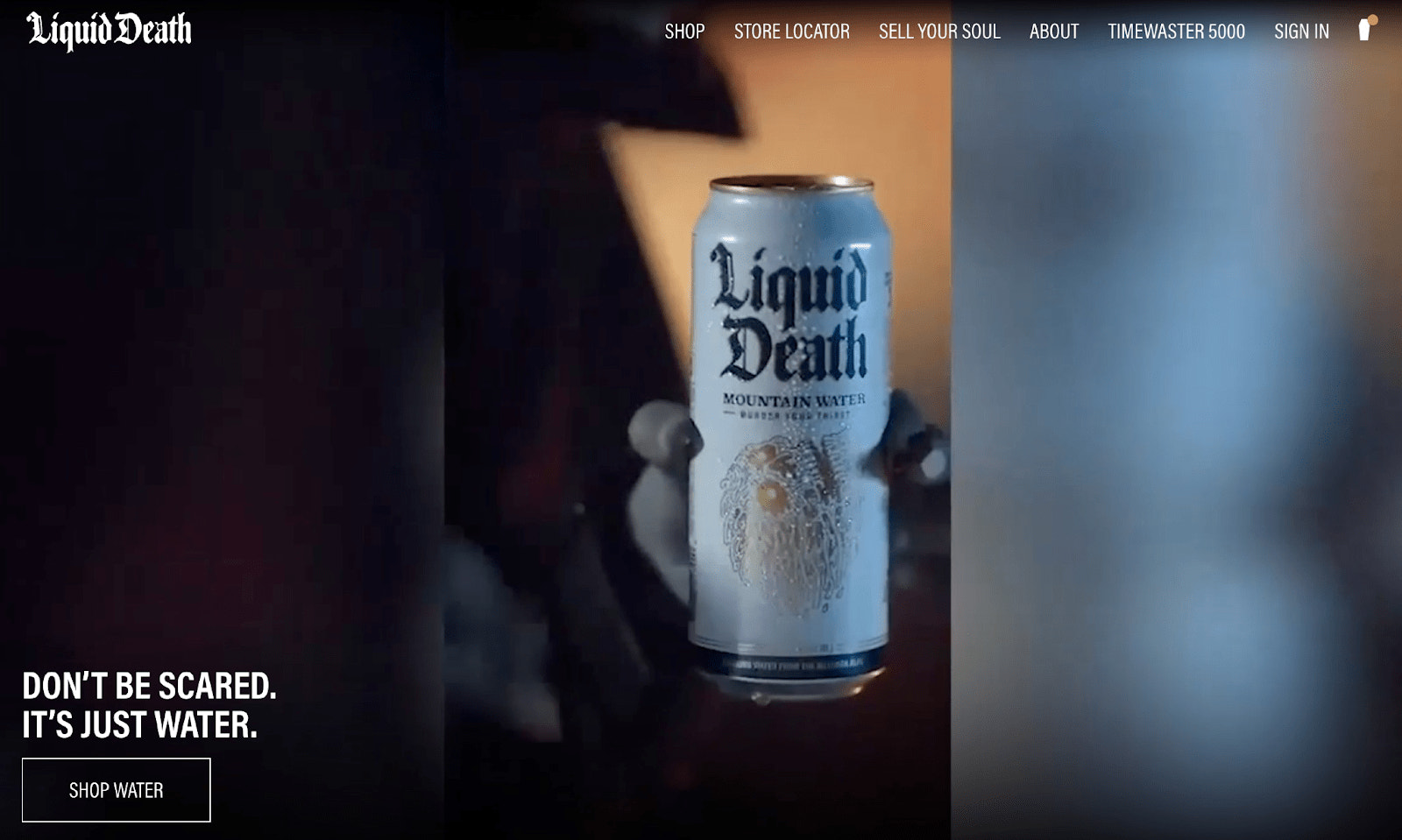 Liquid Death网站截图,展示他们用朋克摇滚铝罐装的水。