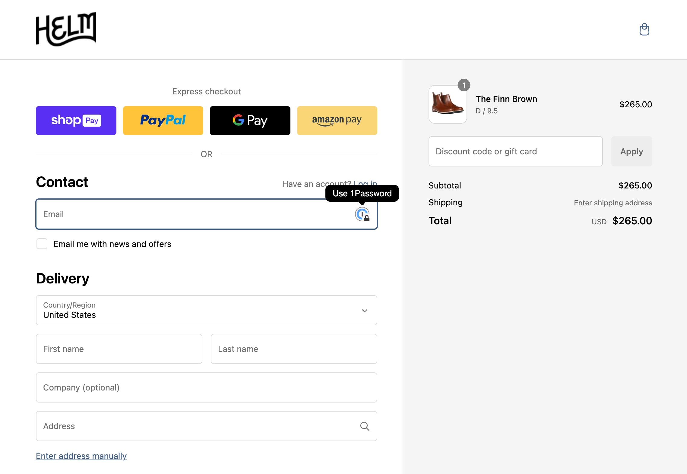 Ecommerce checkout page for Helm Boots