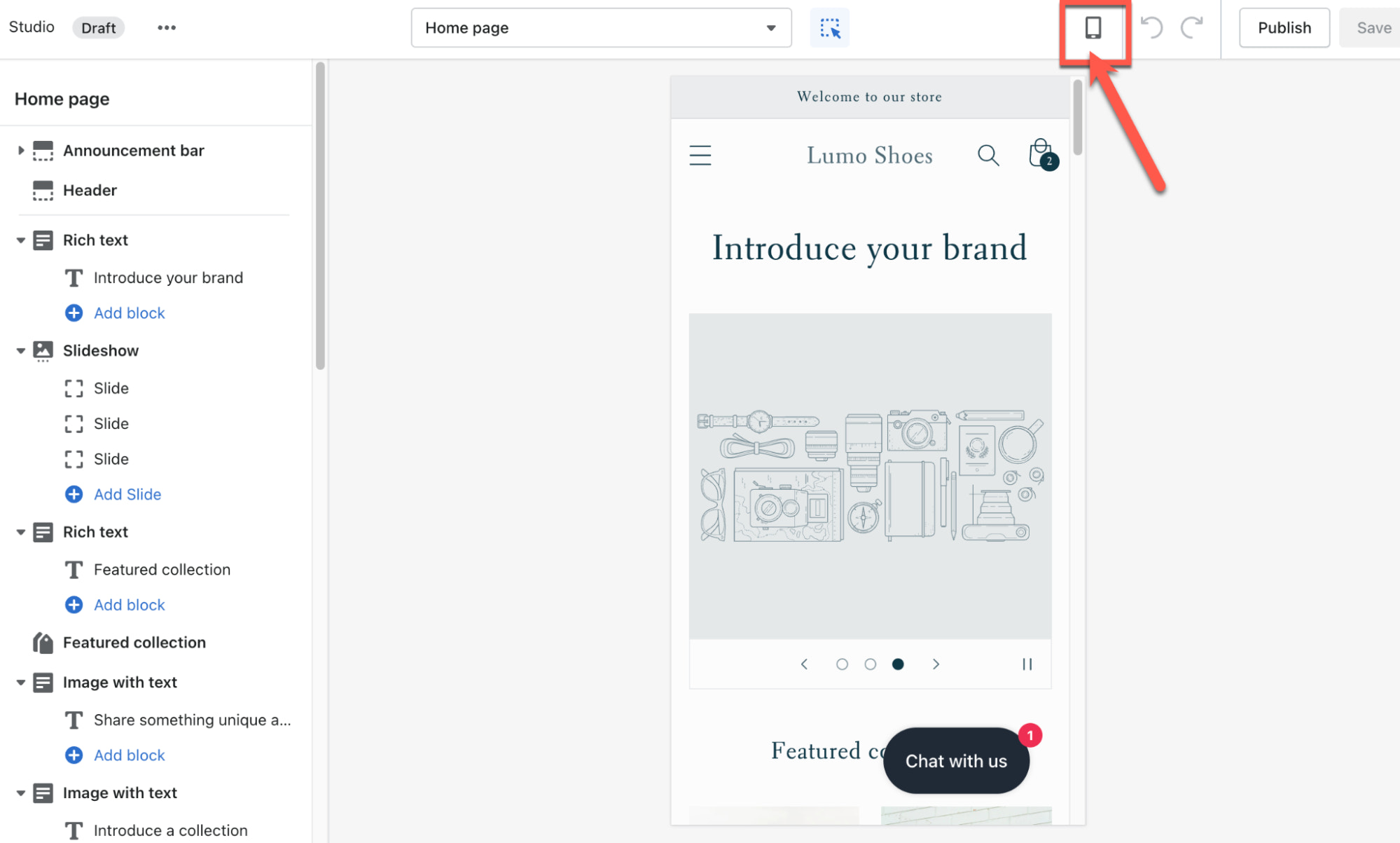 Shopify主题定制器的截图,你可以在桌面和移动设备之间切换