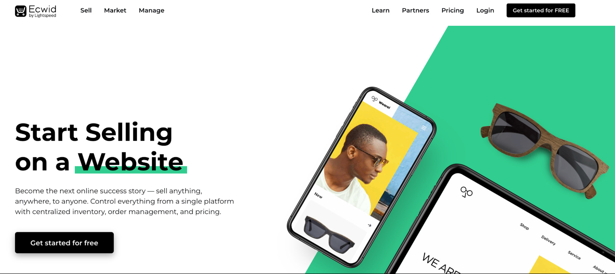 Ecommerce platform homepage with a smartphone and tablet showing a sample online store selling sunglasses.