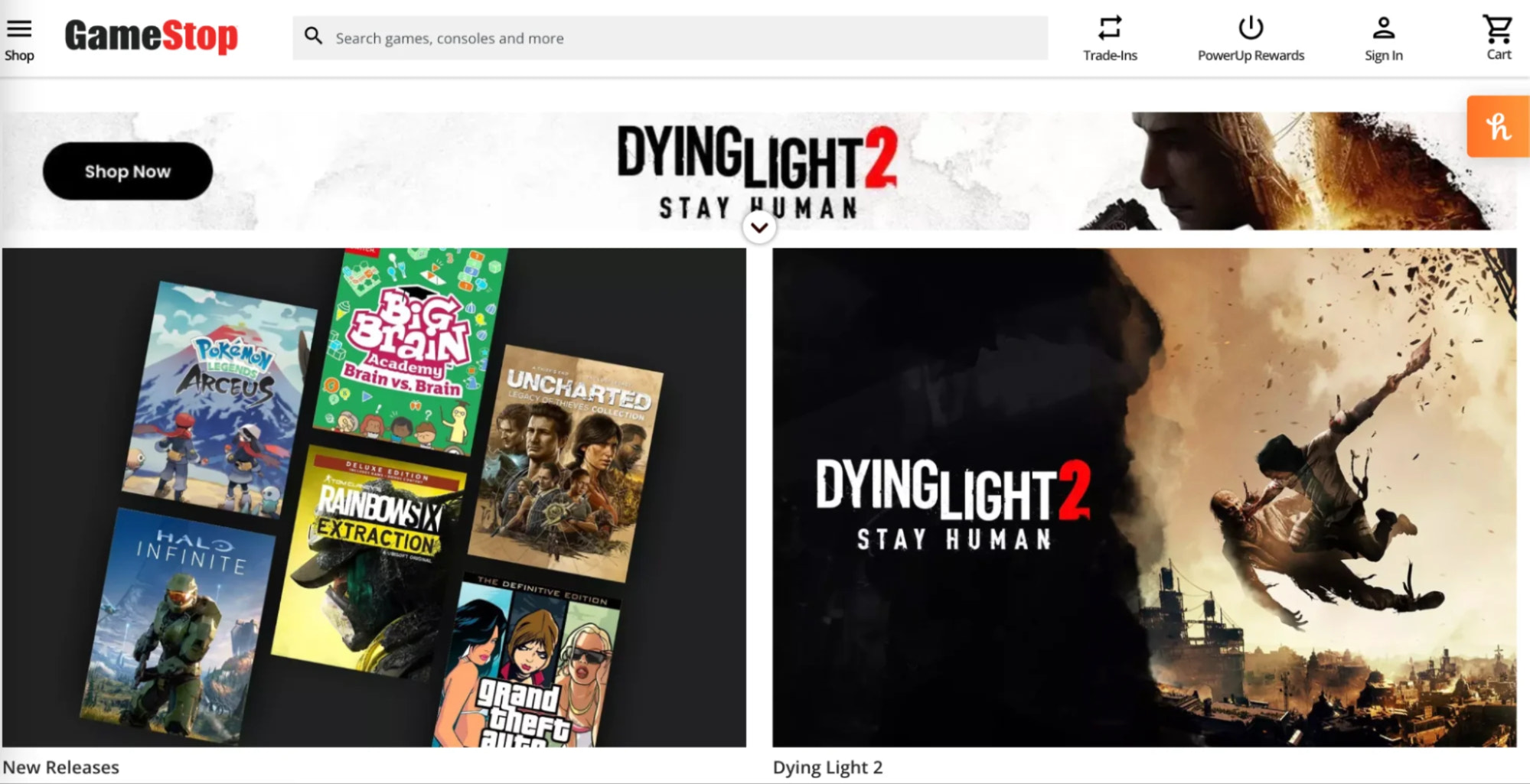 Gamestop主页与图像显示了受欢迎的英雄video games such as Dying Light 2 and Uncharted.