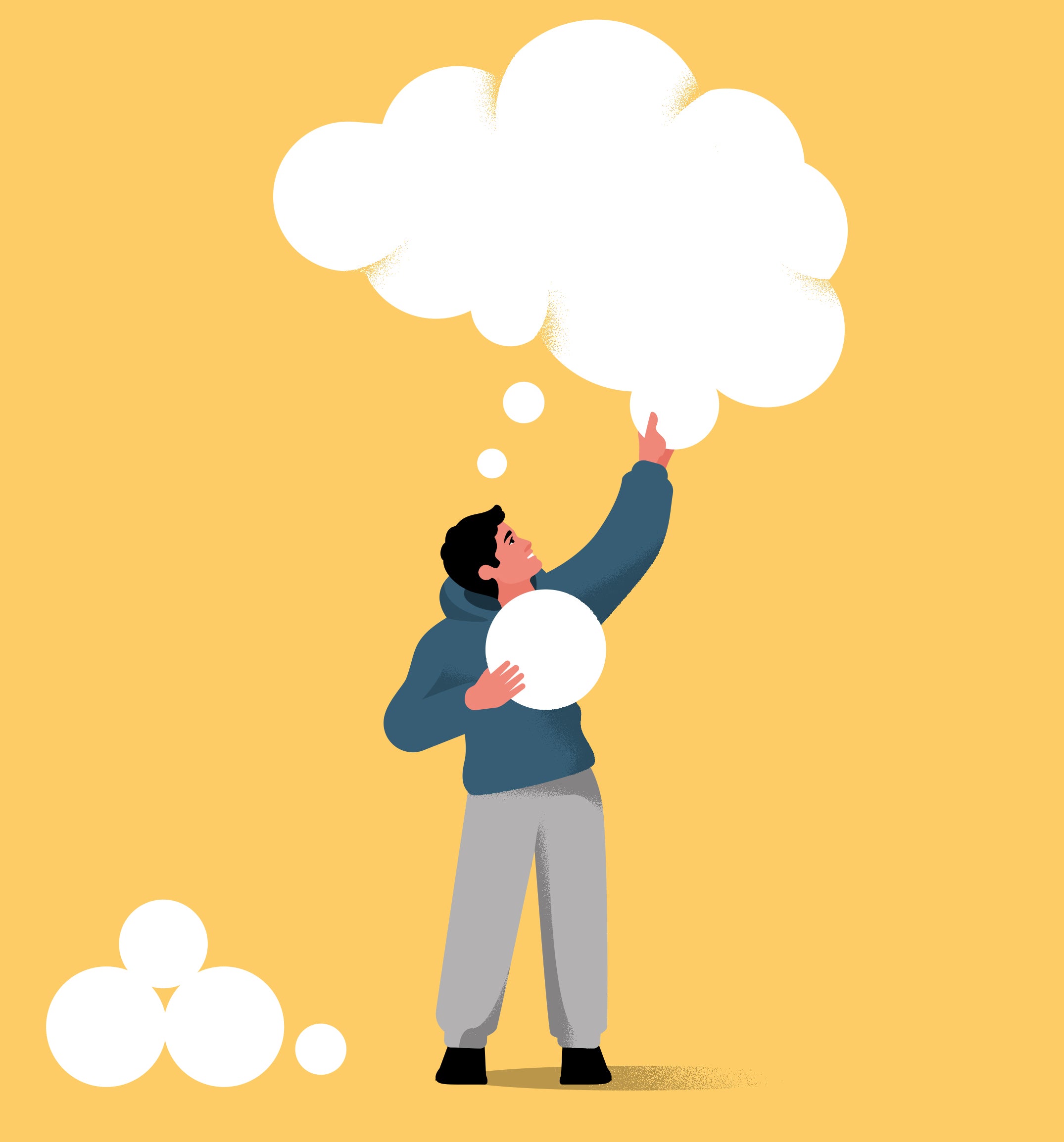 一个孩子伸手去拿一朵形状像思想泡泡的云