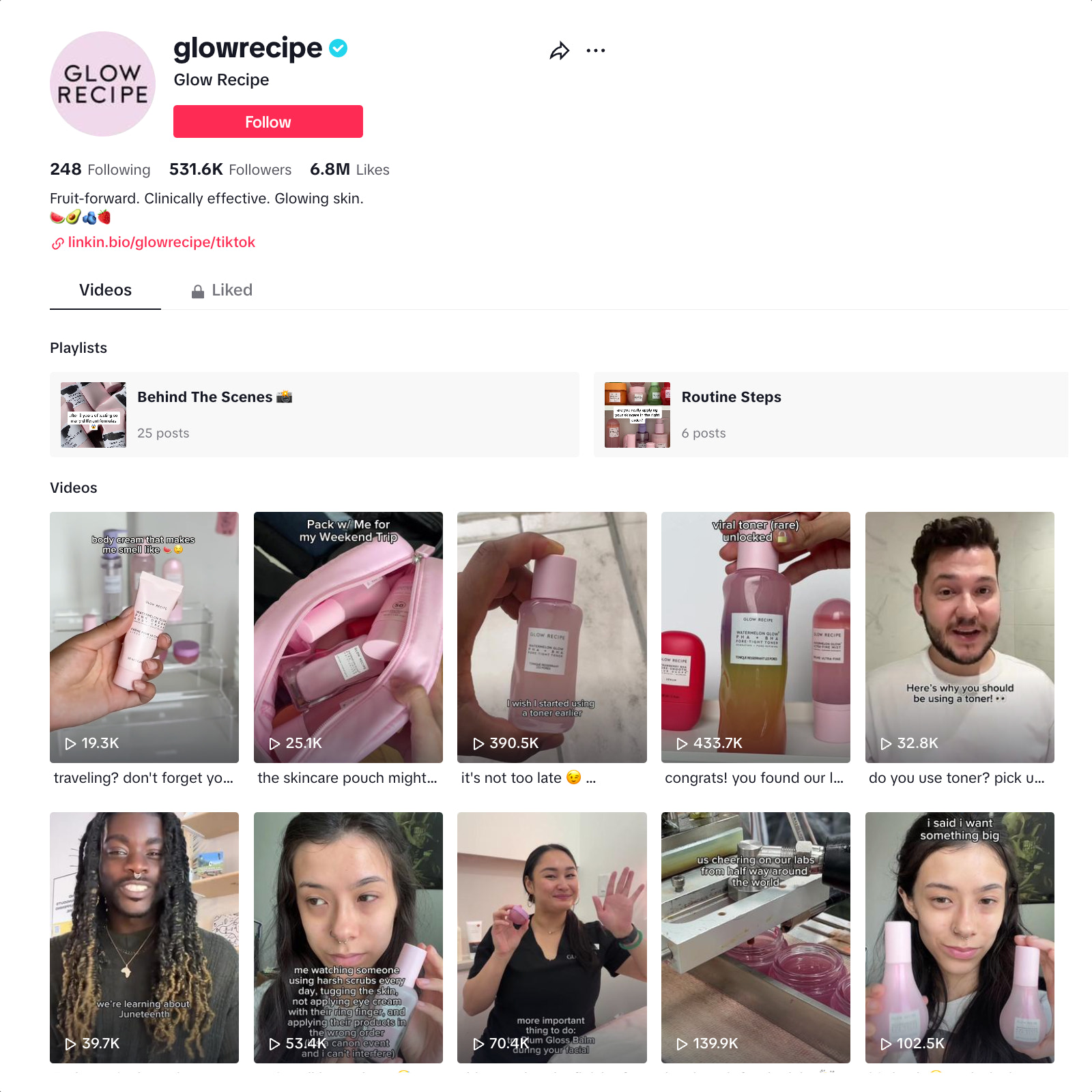 TikTok account page for Glow Recipe brand
