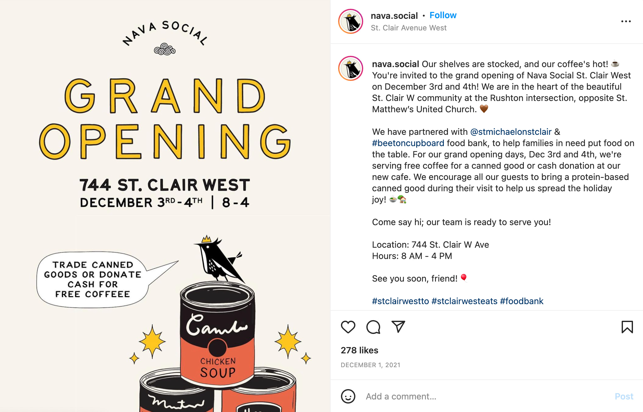 我nstagram post advertising Nava Social's grand opening with a charity partnership