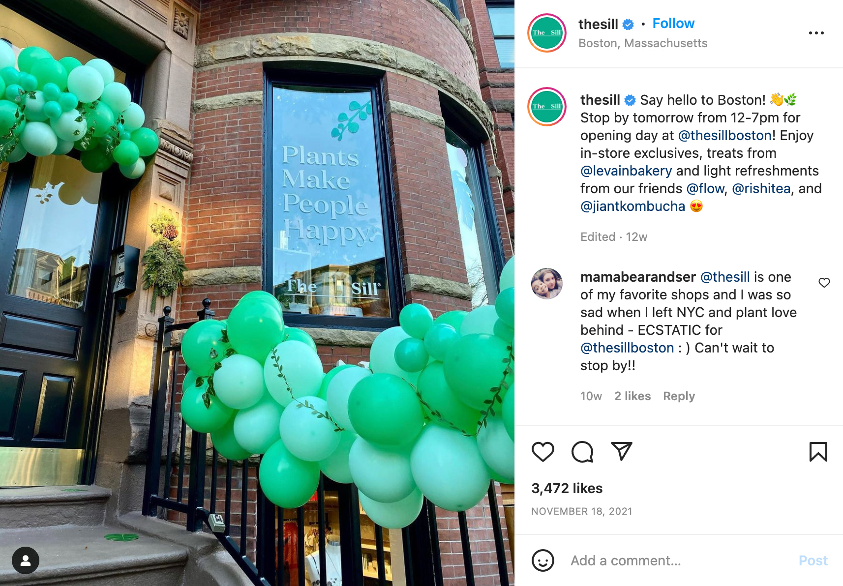 我nstagram post announcing the Sill's grand opening event