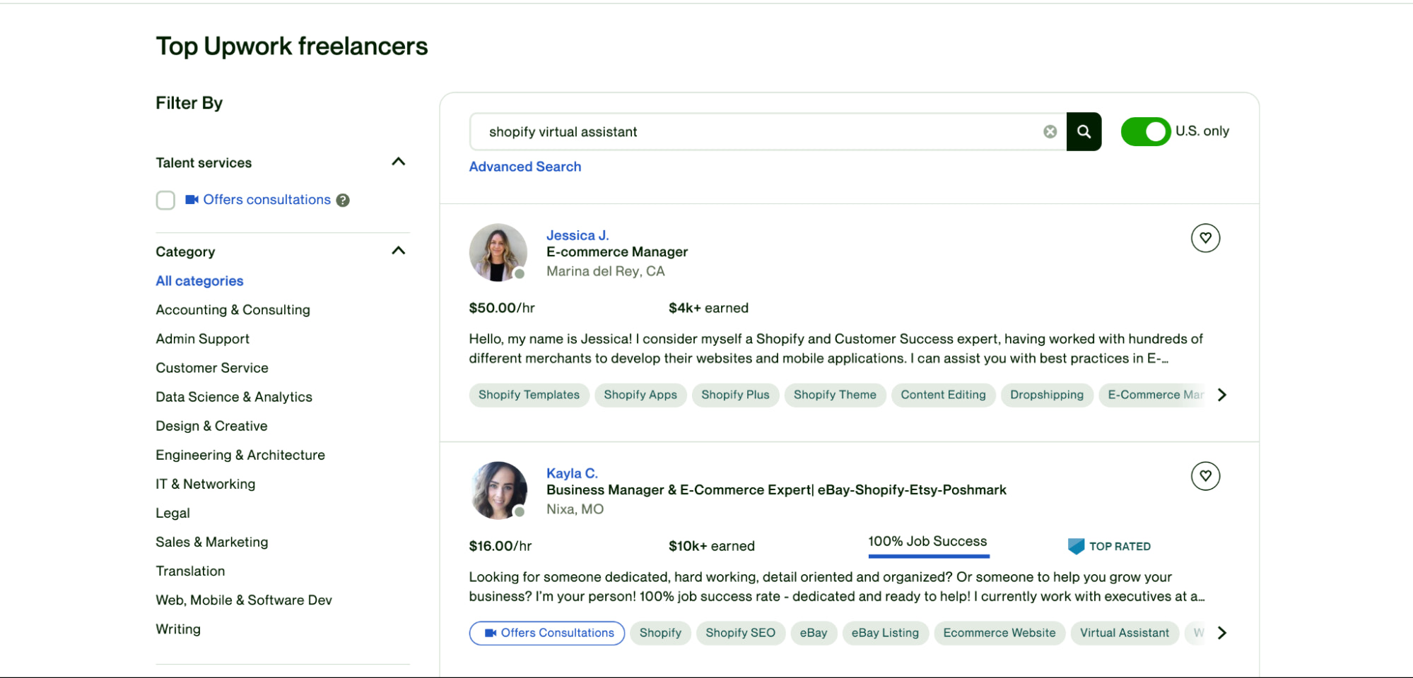 Upwork的截图显示搜索“Shopify虚拟助手”。