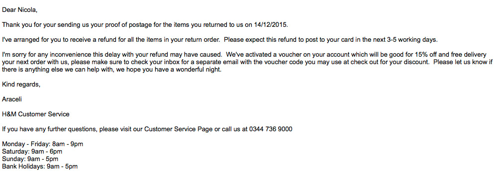来自H&M的一封写得很好的客户服务邮件的例子