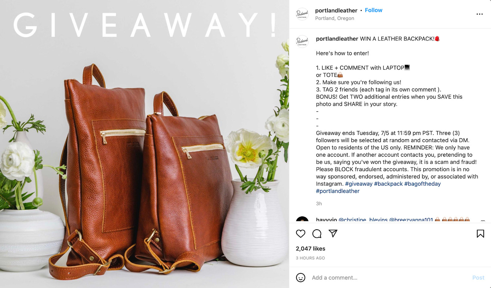 instagram giveaway example