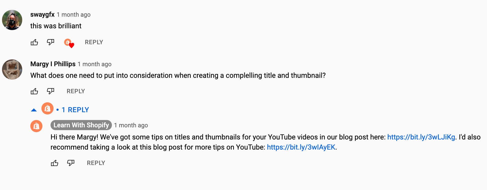 Screen shot of YouTube comments on Learn With Shopify channel