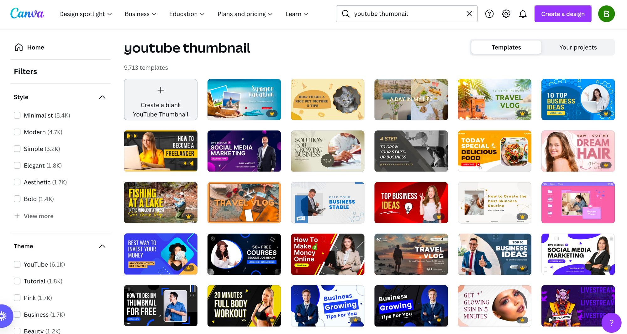 Screenshot showing Canva's YouTube Thumbnail templates