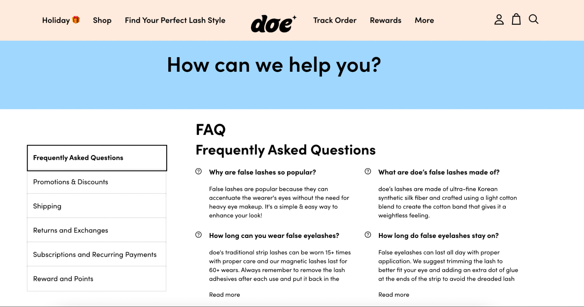 Screenshot of Doe Lashes’ help center which answers questions like “Why are false eyelashes so popular?” and “What are Doe’s false lashes made of?”