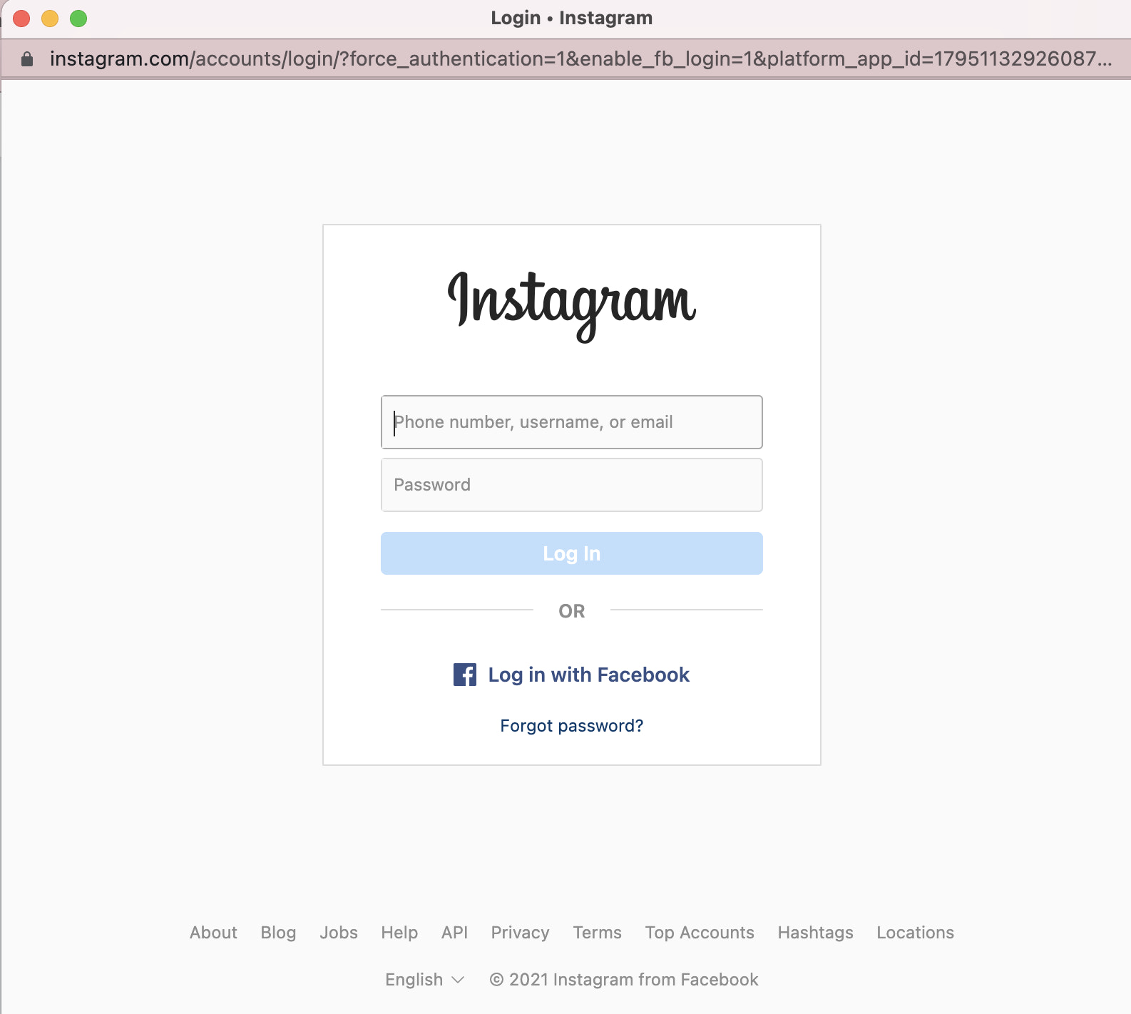 logging into Instagram account