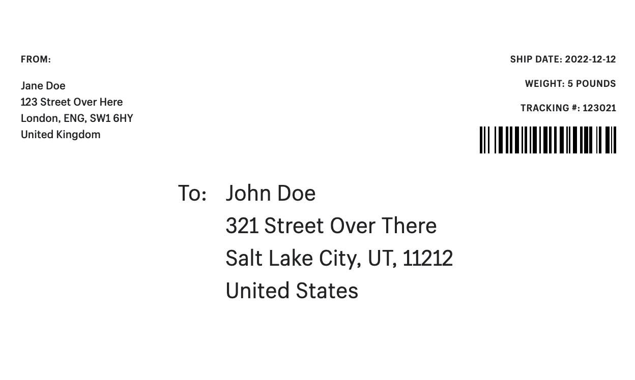 Shopify运输标签跟踪信息,收件人,发件人,重量和发货日期。