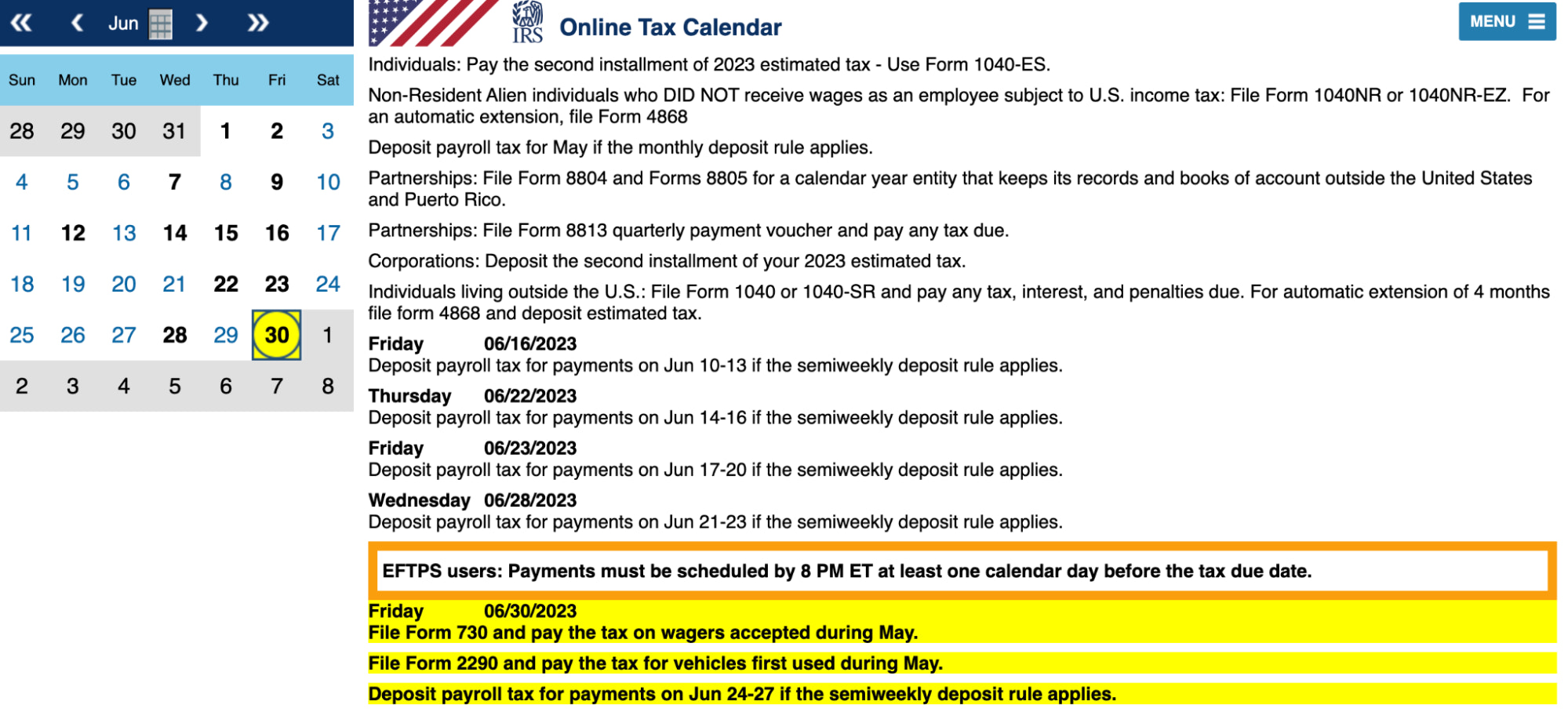 IRS Online Tax Calendar with grid and important dates