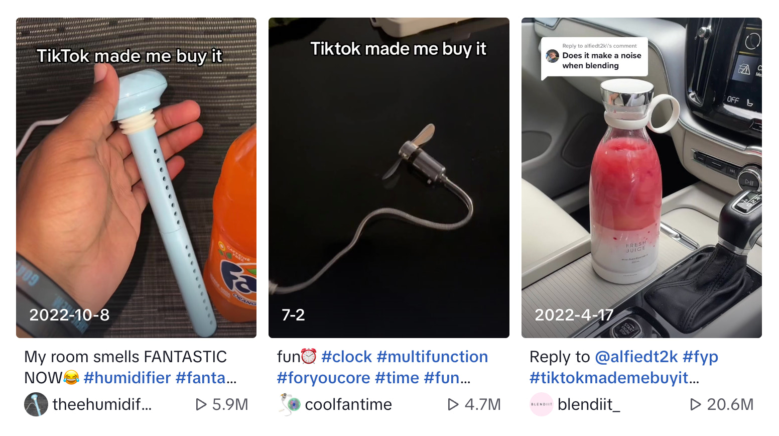 Three thumbnails for TikTok videos tagged with the hashtag “tiktokmademebuyit.”