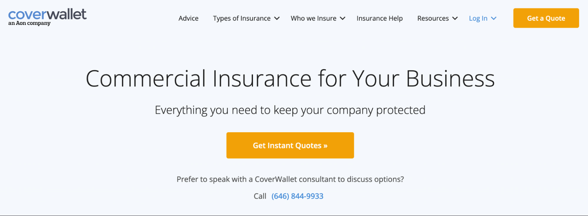 Screenshot of CoverWallet homepage