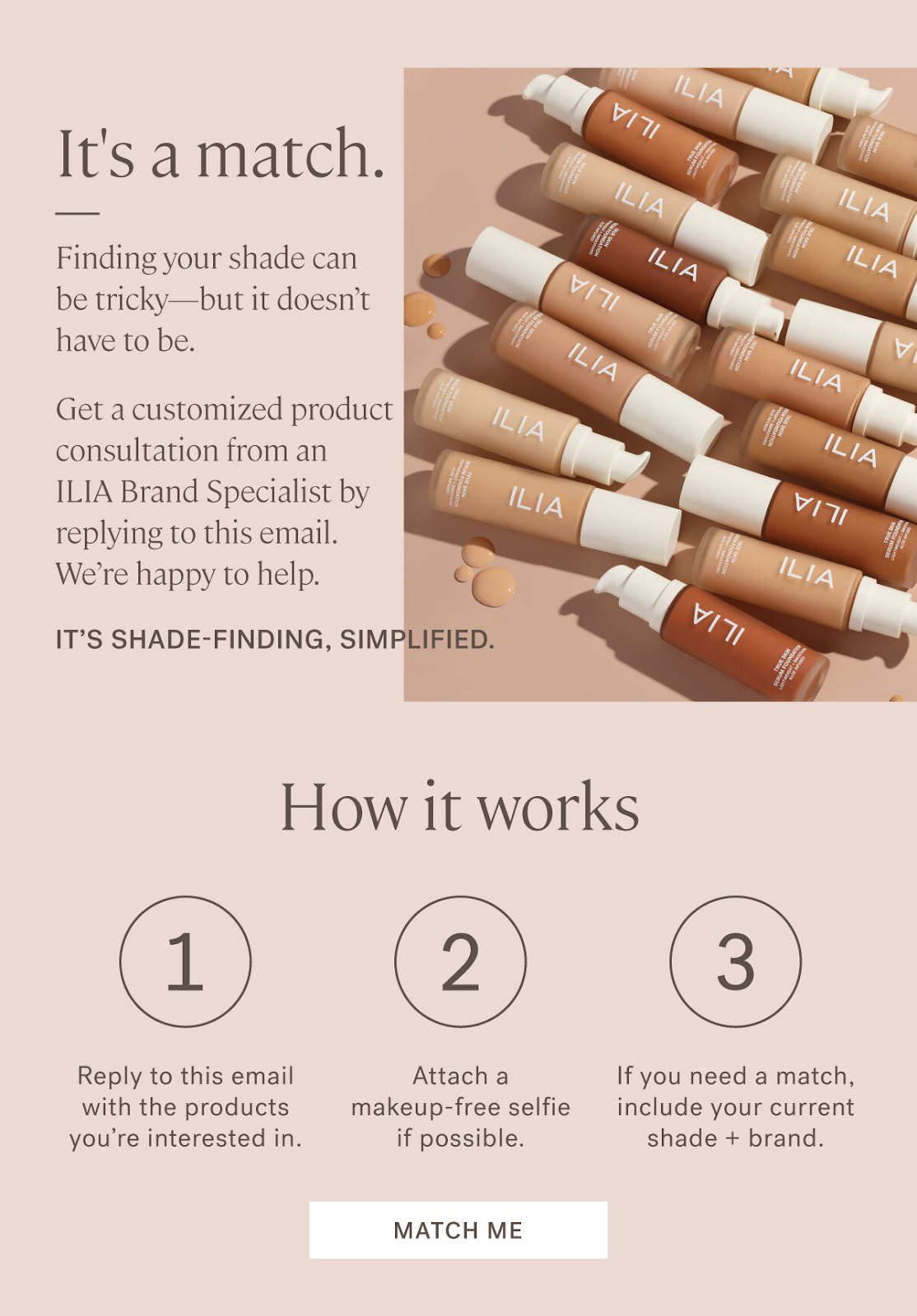 ILIA’s email promoting a shade-finding tool, with pale pink background and an image of foundations