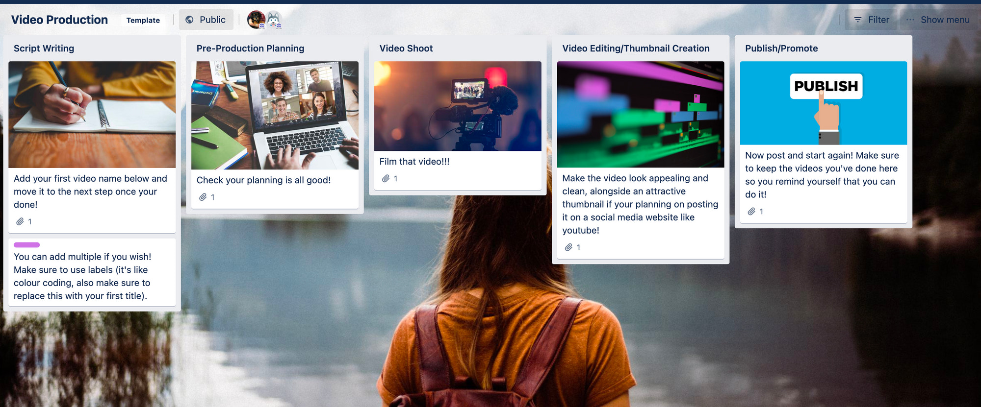 Example Trello board showing video production schedule