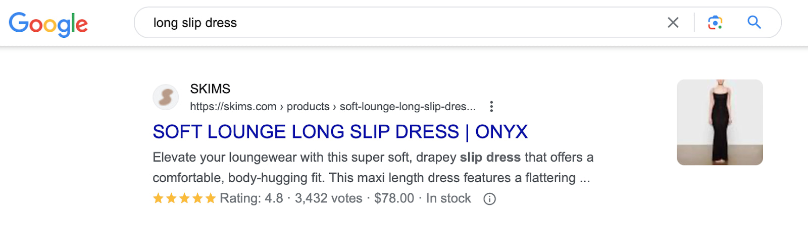 Top of Google’s search results for the ‘long slip dress’ keyword with SKIMS at the top