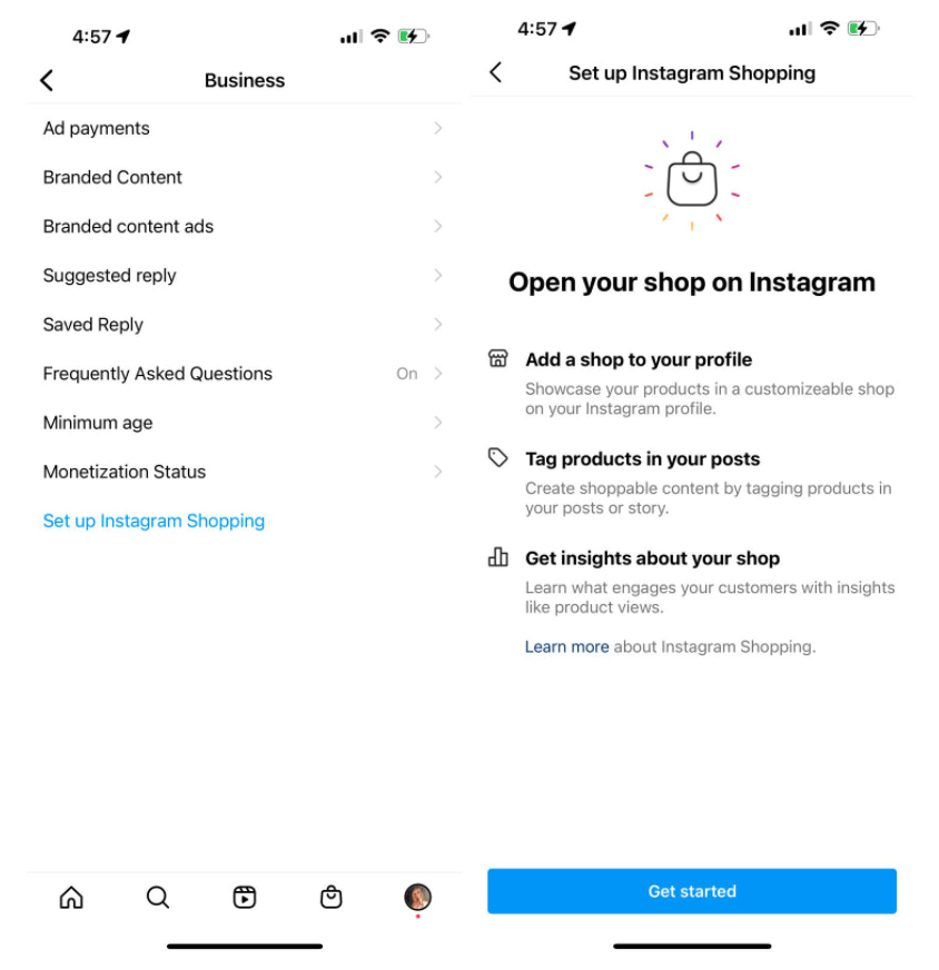 setting up IG shop through instagram app