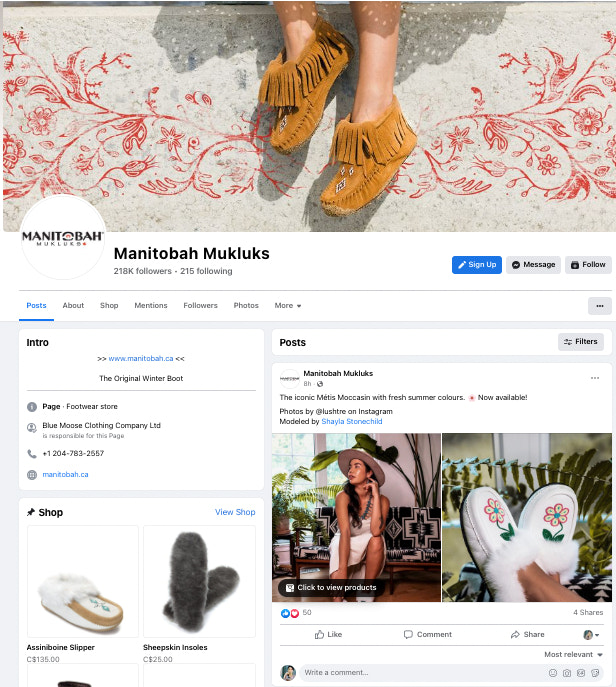 Manitobah Mukluks Fb business page example