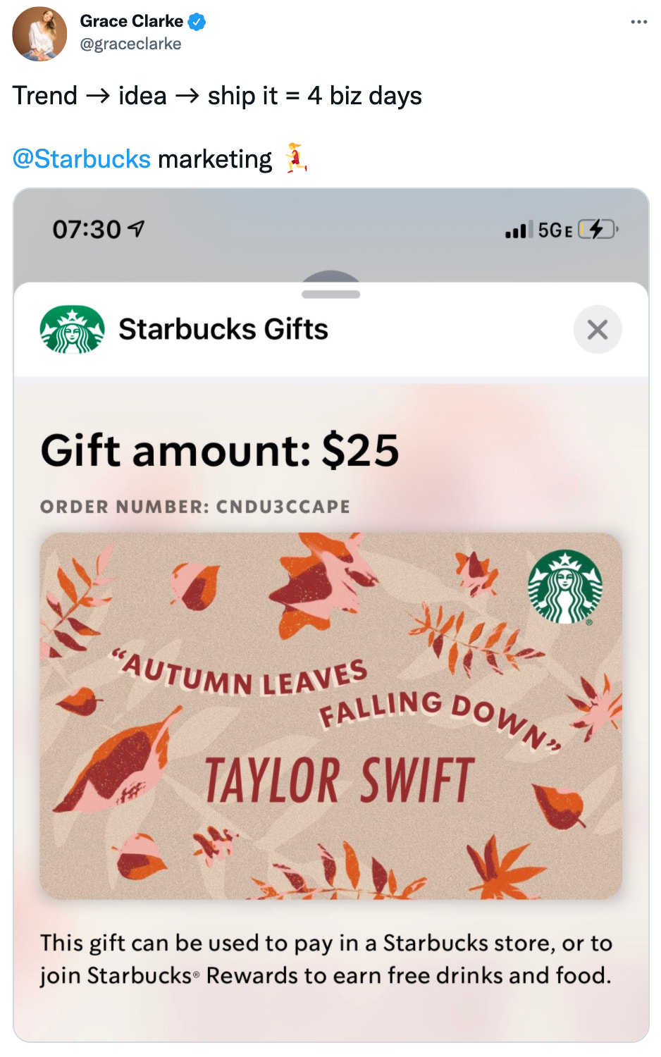 ob欧宝娱乐app下载地址营销理念的使用是在礼品卡设计上,就像星巴克使用泰勒斯威夫特歌词的例子